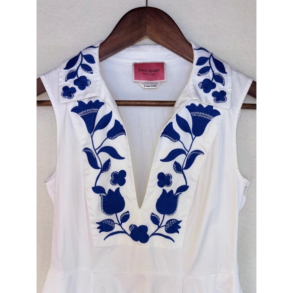 KATE SPADE White Blue Dress Zig Zag Floral Embroidered Fit Flare Midi Sleeveless - Picture 4 of 15